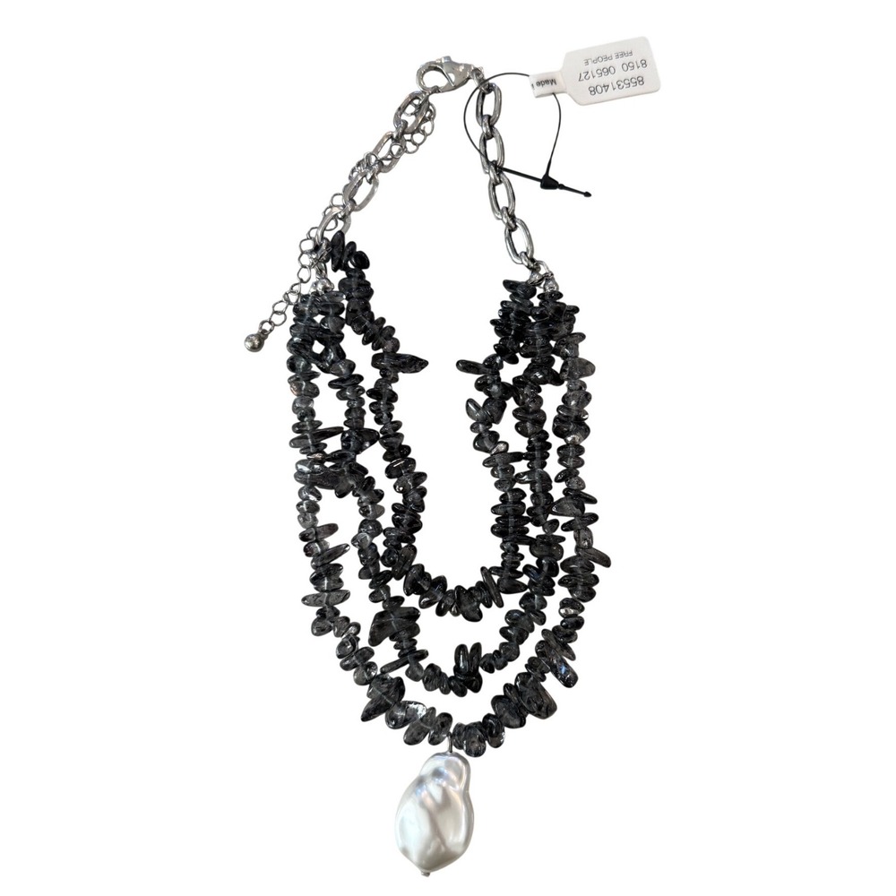 Free People So Fine Layered Necklace Black Glass Beads Pearl Pendant NWT